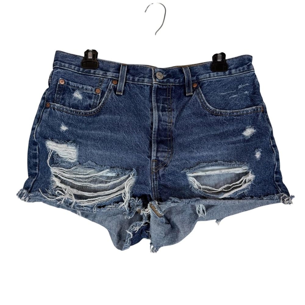 Levi's 501 Shorts Womens 31 Blue High Rise Distressed Cutoff Button Fly Denim